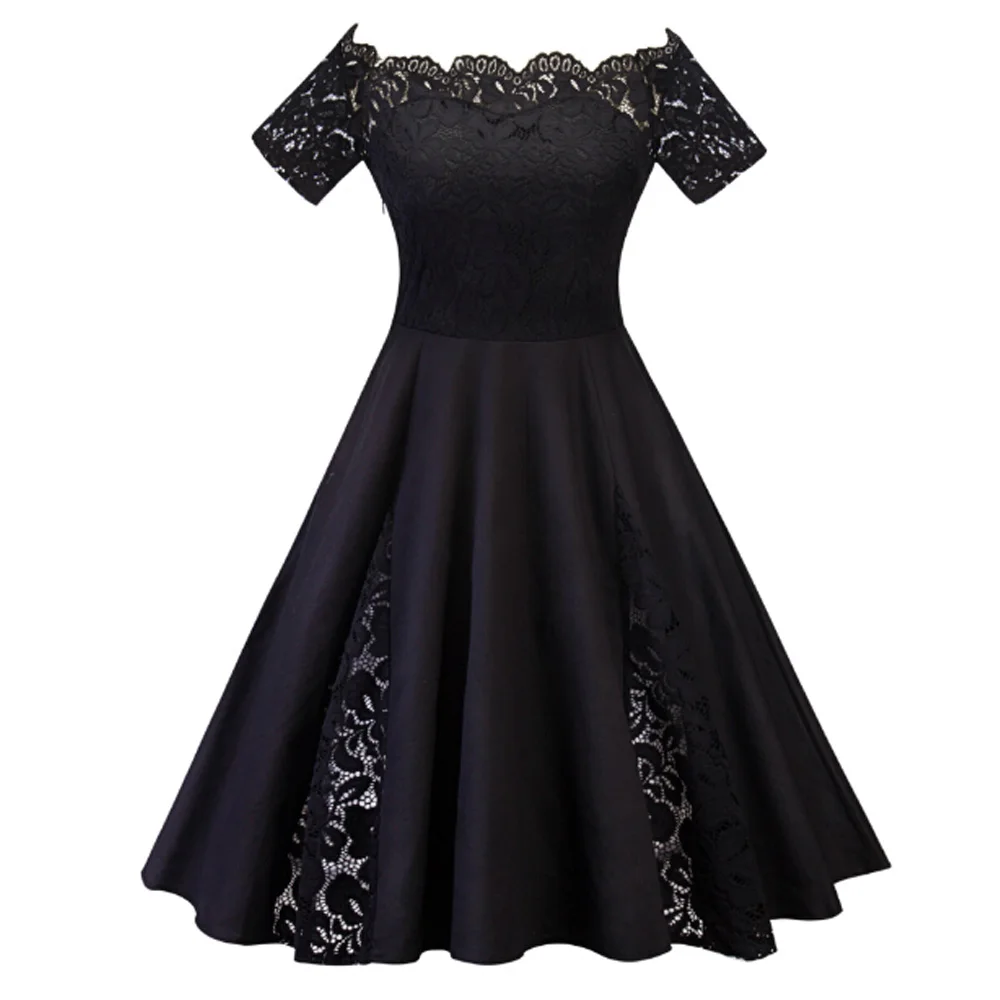 

Plus Size Vintage dress 4XL 5XL Black Blue Robe Sexy Slash Neck Short Sleeve Lace Rockabilly Dress Large Size Womens Clothes
