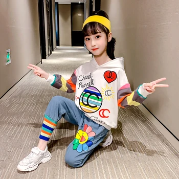 

Boutique Kids Rainbow Stripe Clothing 2020 Spring Girls Hooded Sweatshirt Set Teenage Girls Fall Outfits Casual Clothing Suit