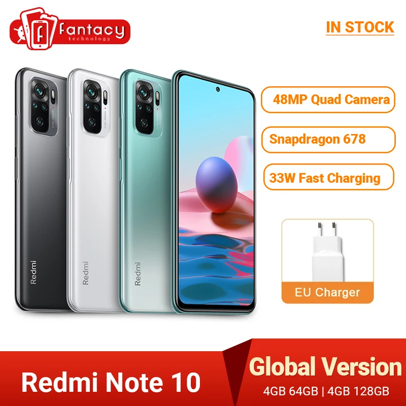 In Stock Xiaomi Redmi Note 10 Global Version Smartphones Snapdragon 678 48MP Quad Camera CellPhones 4GB 128GB AMOLED Note10