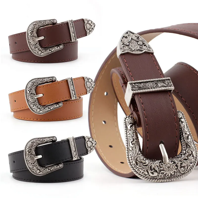 Women's Retro Pin Buckle Belt Vintage Carved  PU Leather Gothic Casual Fashion All-Match Belt Dress Waistband Luxury Brand