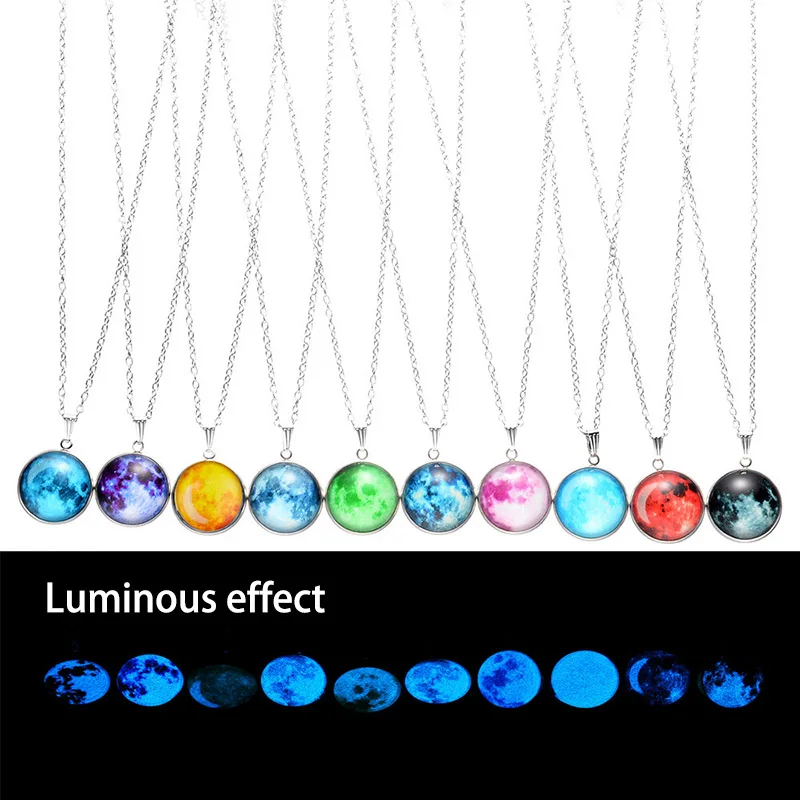 New Noctilucent Moon Pendant Necklace Single sided glass Cosmic necklace Picture popular Neutral jewelry | Украшения и аксессуары