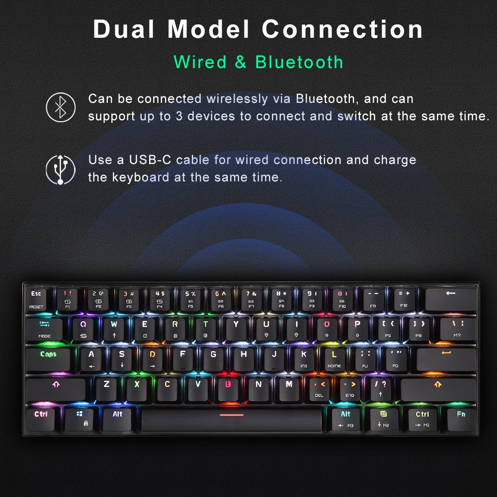 Motospeed Bluetooth Wireless Mechanical Keyboard RGB Backlight Min Gaming Keyboards Anti-Ghosting For Gamer Laptop 61Key Tablets