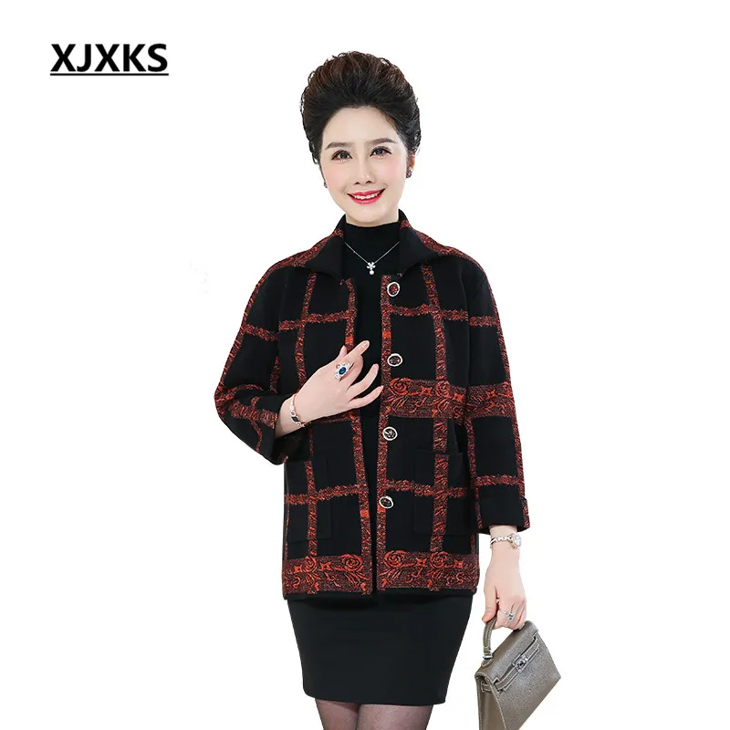 

XJXKS Plaid pattern women cashmere woolen coat 2019 autumn winter section new loose plus size women knitted sweater coat