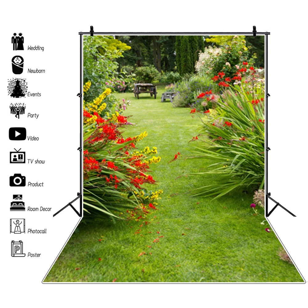 Laeacco Brick House Flowers Yard Arch Gate Photo Backdrop