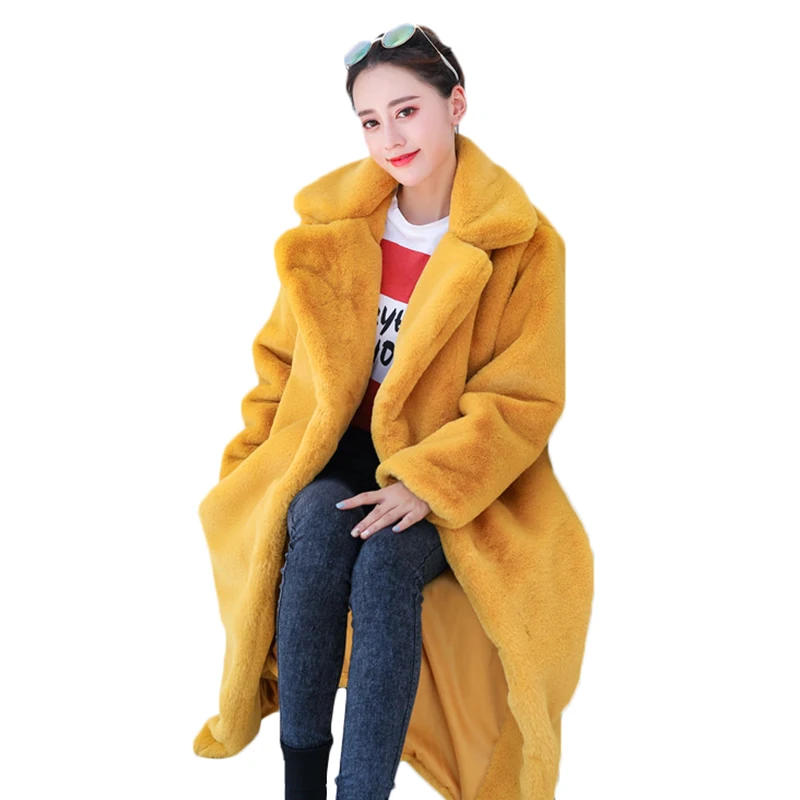 Женское пальто из искусственного меха кролика зимняя длинная норка пальто с мехом женское Свободное пальто роскошное плотное теплое негабаритное женское плюшевое пальто