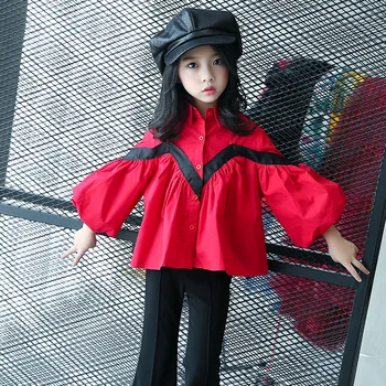 

2-12Y Child Lantern Sleeve Shirts KidsPatchwork Blouses Girls Clothes 10 12 Year Tops Item Girl Fashion Red Black Shirt Clothing