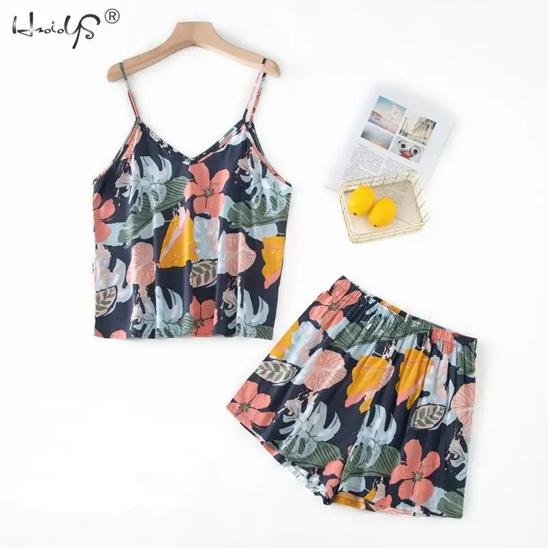 

Пижамный комплект Женский на бретельках с милым цветочным принтом, Повседневная Пижама, пижамные костюмы для девочек, удобная домашняя одежда, пижама из двух предметов