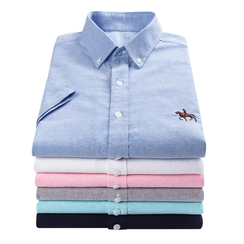 Summer 100% Cotton Oxford Men's Short Sleeve Embroidered Horse Casual Solid Dress Shirts Plus Size 5XL 6XL cotton shirt men casual shirt