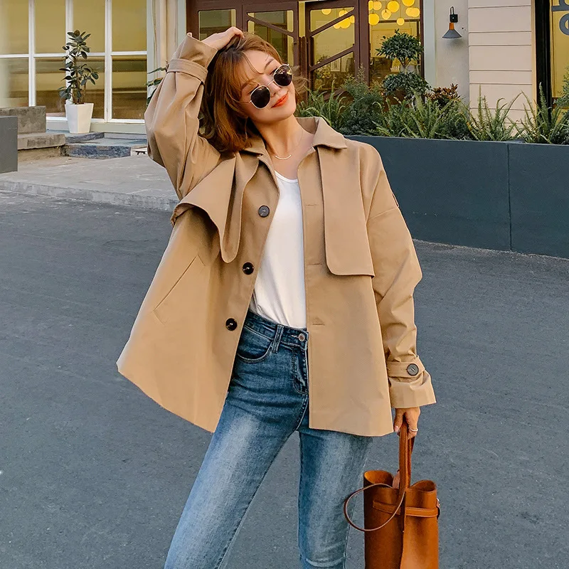 

Short-height Short Trench Coat Women's Loose-Fit BF Harajuku feng chun Autumn 2019 New Style Korean-style Versatile Students Coa