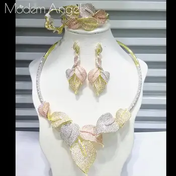 

ModemAngel High Quality Luxury Leaves Gold Color Copper Necklace Bangle Earring Ring For Dubai Women Wedding Engagement Jewelry