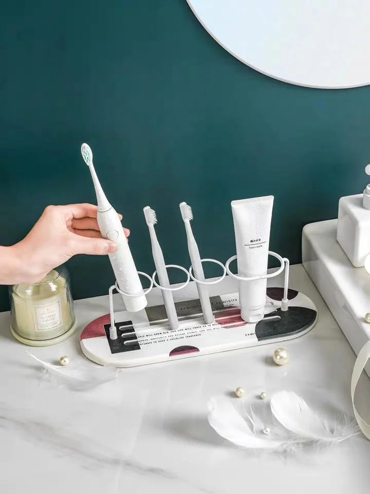 Nordic Diatom mud Iron Toothbrush Holder Storage Rack with Tray Home Storage Accessories Bathroom Tool For Electric Toothbrushes