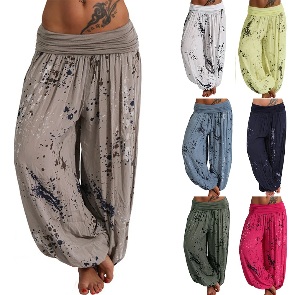 SHUJIN Summer Beach Bohemian Pants Women High Waist Harem Pants Plus Size Vintage Loose Print Bloomers Floral Trousers Women capri sweatpants