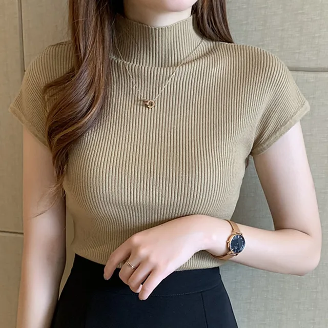 Half Turtleneck Women Shirt Korean Summer Short Sleeve Solid Color Knitwear  Causal Female Tops Ladies Elegant T-shirts Shirts - T-shirts - AliExpress