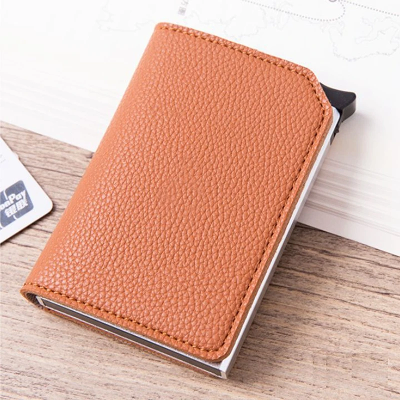 

Arrival New Men And Women Credit Card Holders RFID Aluminium Business Card Holder Litchi Pattern PU Leather Travel Card Wallet