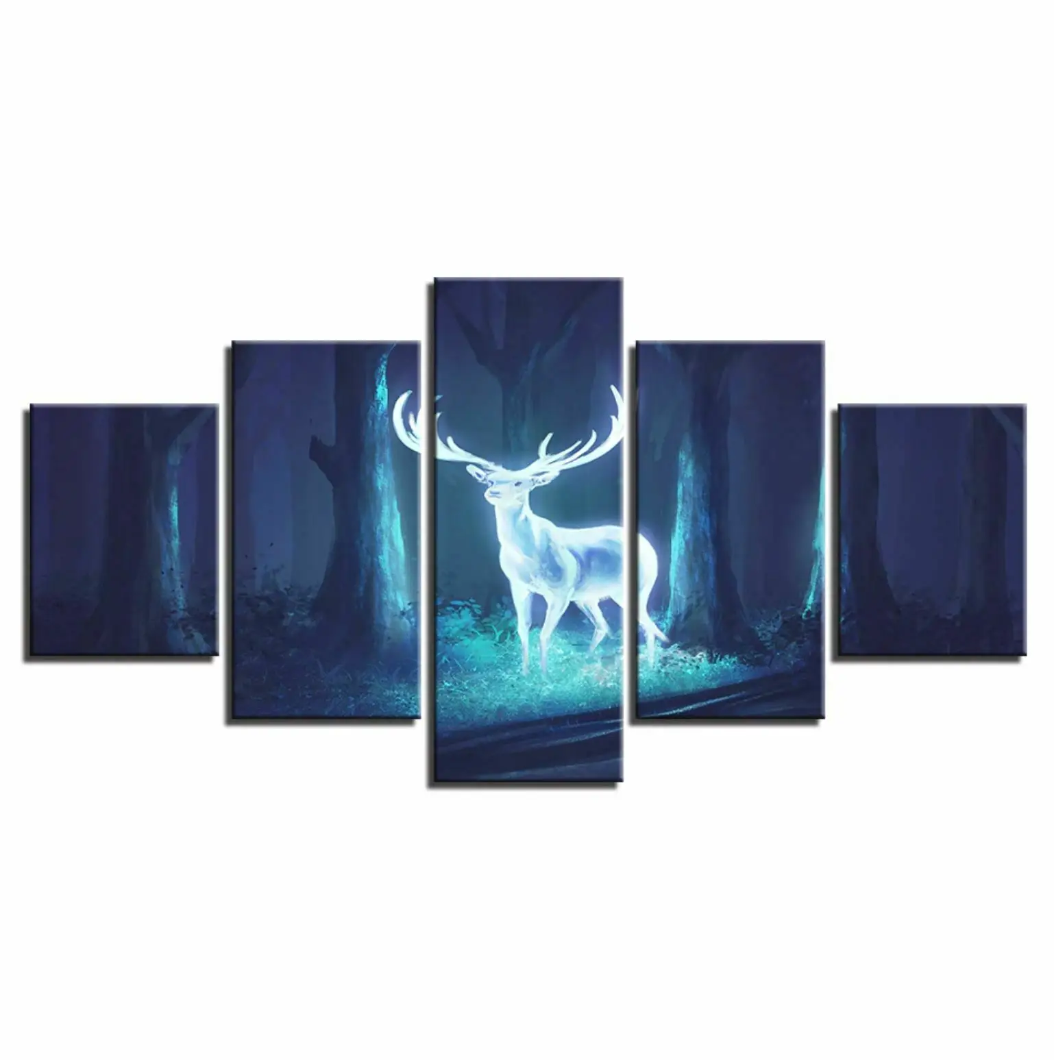 

5 Pcs Canvas Pictures Print Wall Art Canvas Paintings Wall Decor for Living Room Light Deer in Forest at Night Poster No Framed