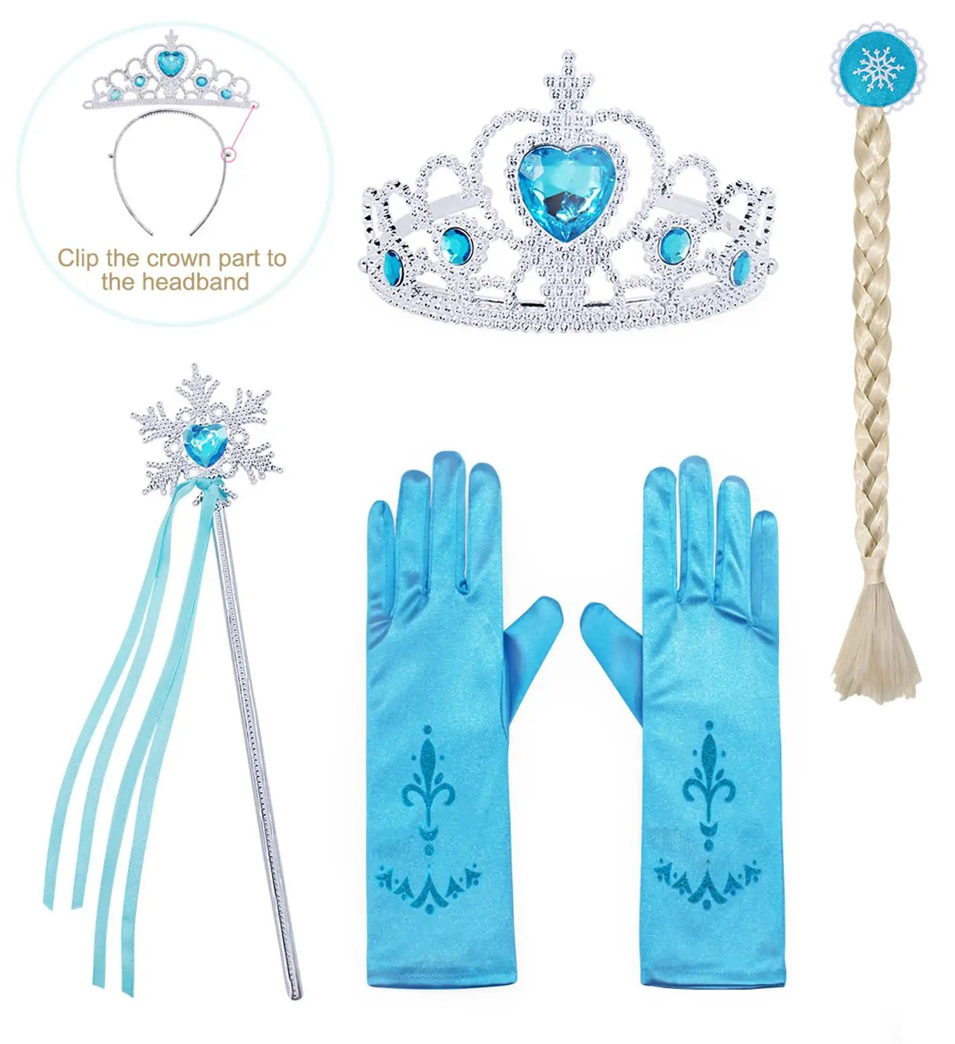 AmzBarley/длинный парик из волос Эльзы и жасмина для девочек ясельного возраста, Белоснежка, Принцесса Рапунцель, корона, волшебная палочка, перчатки, Детский костюм на Хэллоуин - Цвет: 4pcs