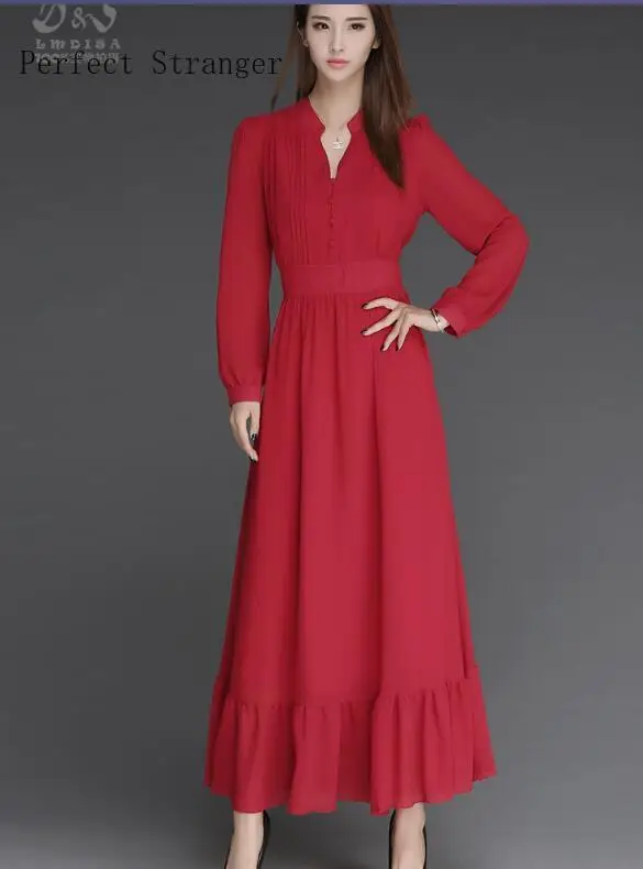Женское шифоновое длинное платье с длинным рукавом и V образным вырезом|chiffon long