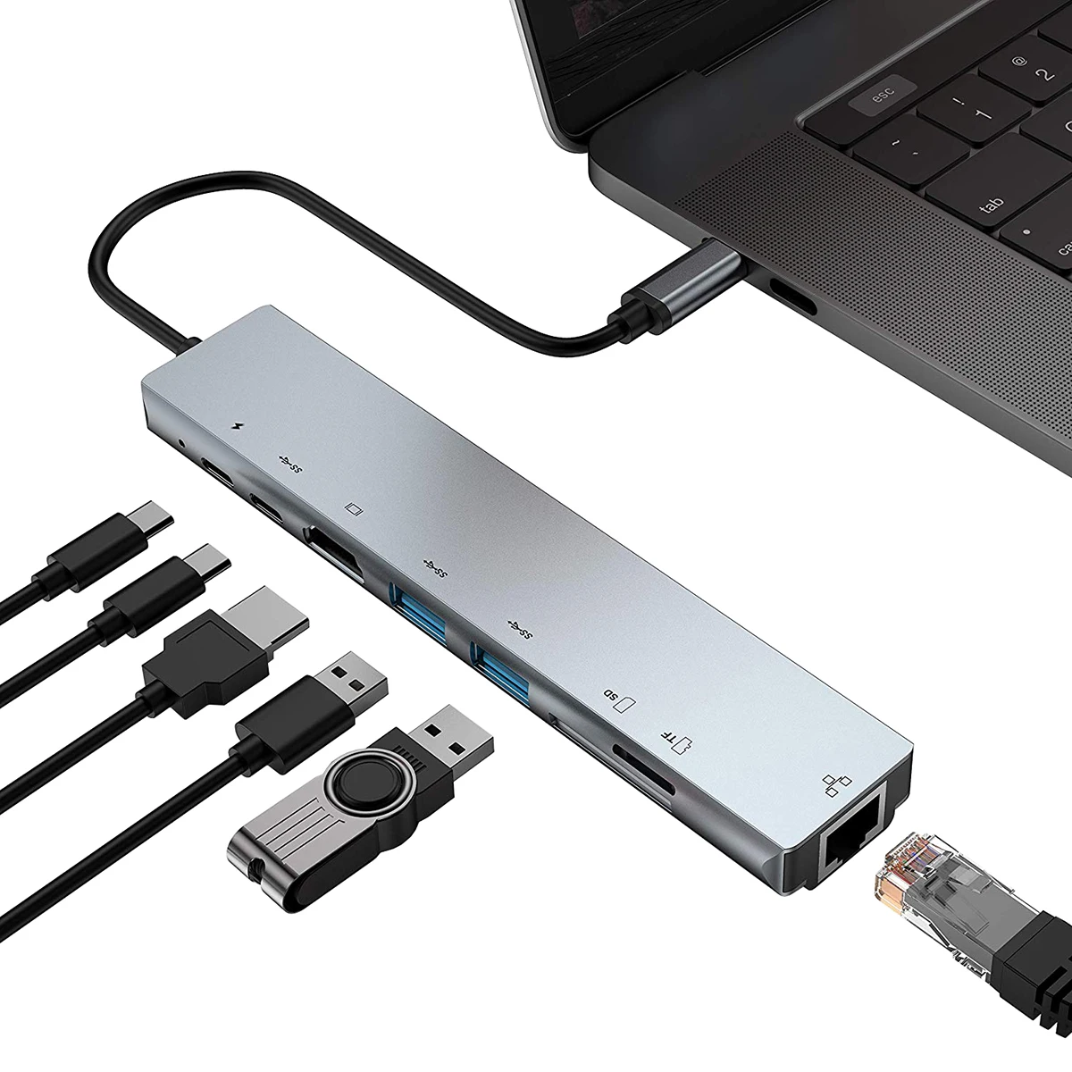 Type-C-HDMI RJ45 USB 3,0 type-C концентратор кардридер многопортовый адаптер usb-хаб 8в1 USB-C хабы