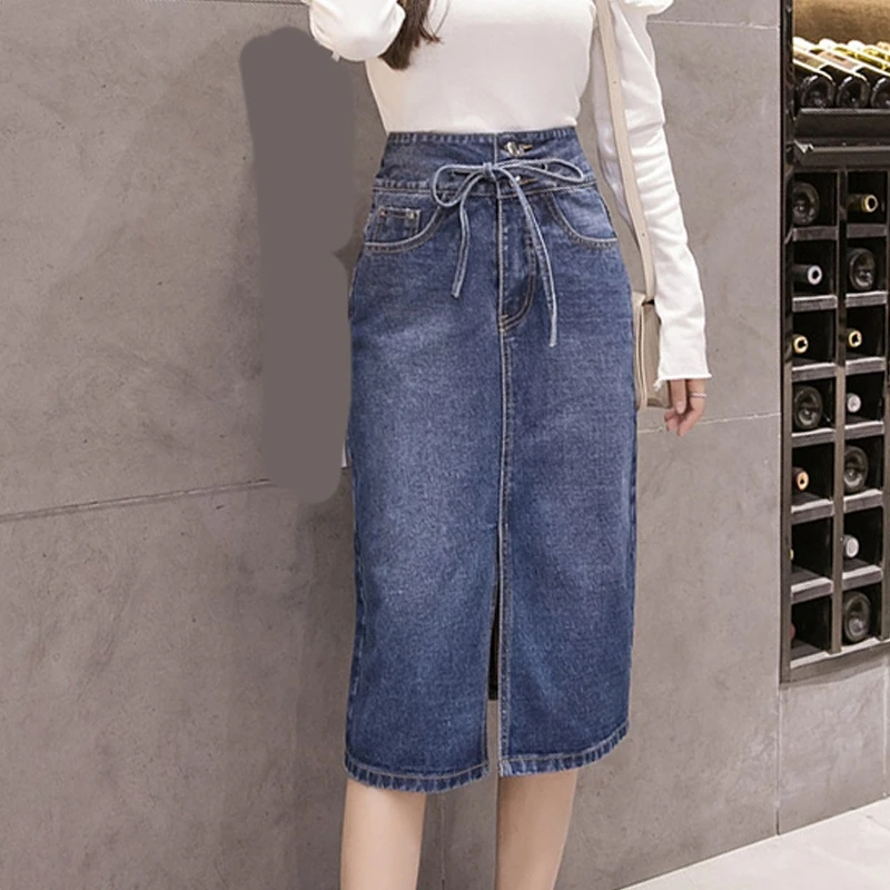 RealShe Women Skirt Long High Waist Solid Bow Bandage Skirts Womens Spring Autumn Denim Skirt Women Elegant Jupe Femme