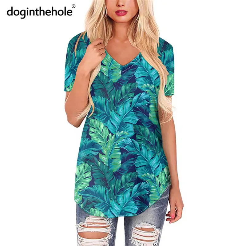 

Doginthehole 2020 Fashion New V-Neck Swing Tops For Women Tropical Palm Tree Leaves Pattern Teen Girls Short Sleeve T-Shirt