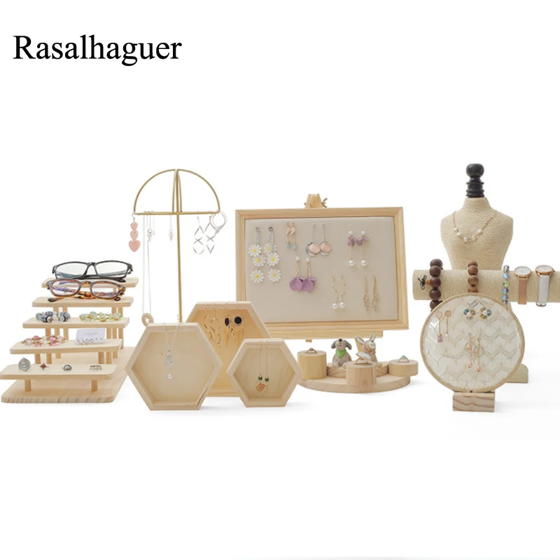 Jewelry Showing Props Set Wholesale Fashion Wooden Earrings Holder Jewelry Display Storage Rings Bracelet Necklace Stand