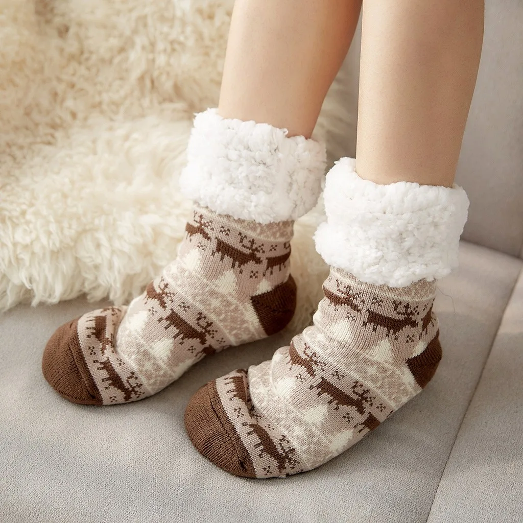 Носки с рождественским рисунком, Прямая Модные женские туфли из хлопчатобумажной ткани с принтом толще анти-скольжения носки-тапочки ковер ботильоны зимняя теплая шерсть носки#45