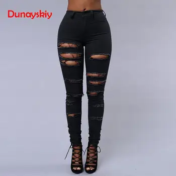 

Black White Dunayskiy Skinny Slim Women Pencil Pants Casual Fashion High Waist New Hot Sale Denim Jeans With Hole Female Trouser
