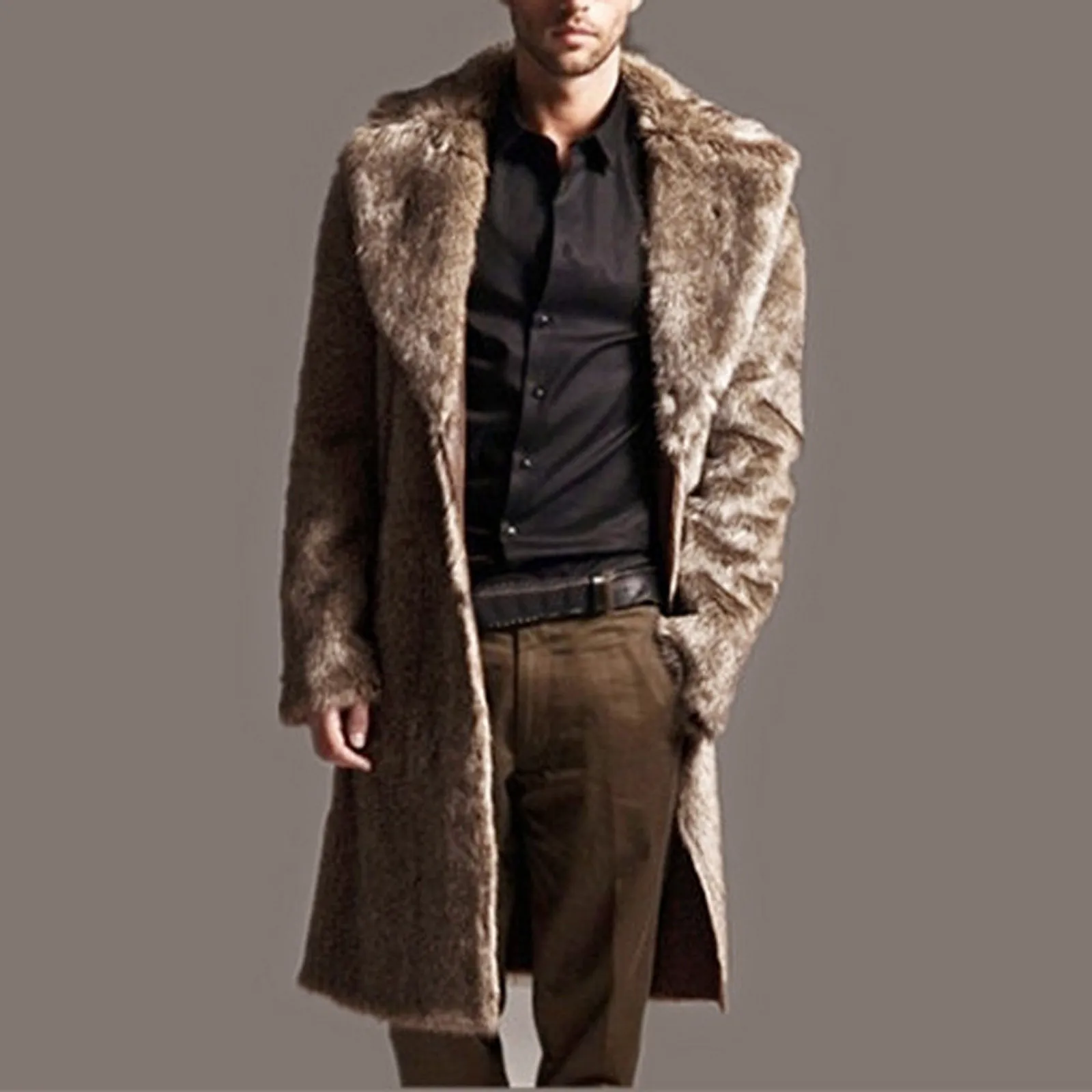 Winter Jacket Mens Warm Thickening Long Coat Jacket Faux-fur Outwear Cardigan Faux Fur Lapel Long Puffy Jacket Veste Homme 2
