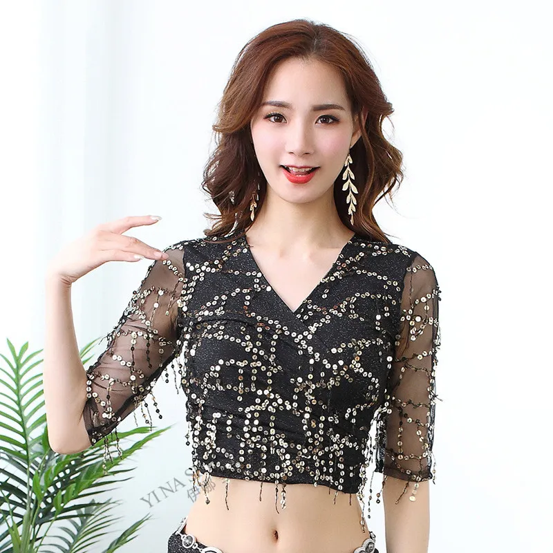 Black gold top Новая женская одежда для танца живота, сексуальный круговой воротник из топа или длинной юбки или штанов, набор для занятий танцором с кисточками - Цвет: Black gold top