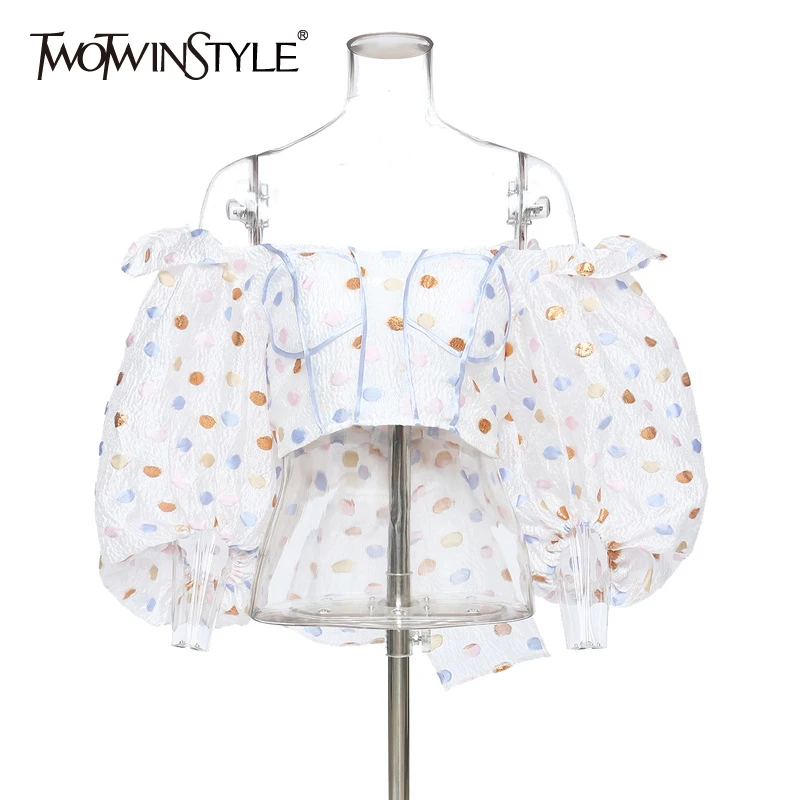 TWOTWINSTYLE Vintage Patchwork Sequins Women Shirts Slash Neck Lantern Three Quarter Sleeve Short Tunic Slim Bow Blouses Female TWOTWINSTYLE Vintage Patchwork Sequins Women Shirts Slash Neck Lantern Three Quarter Sleeve Short Tunic Slim Bow Blouses Female