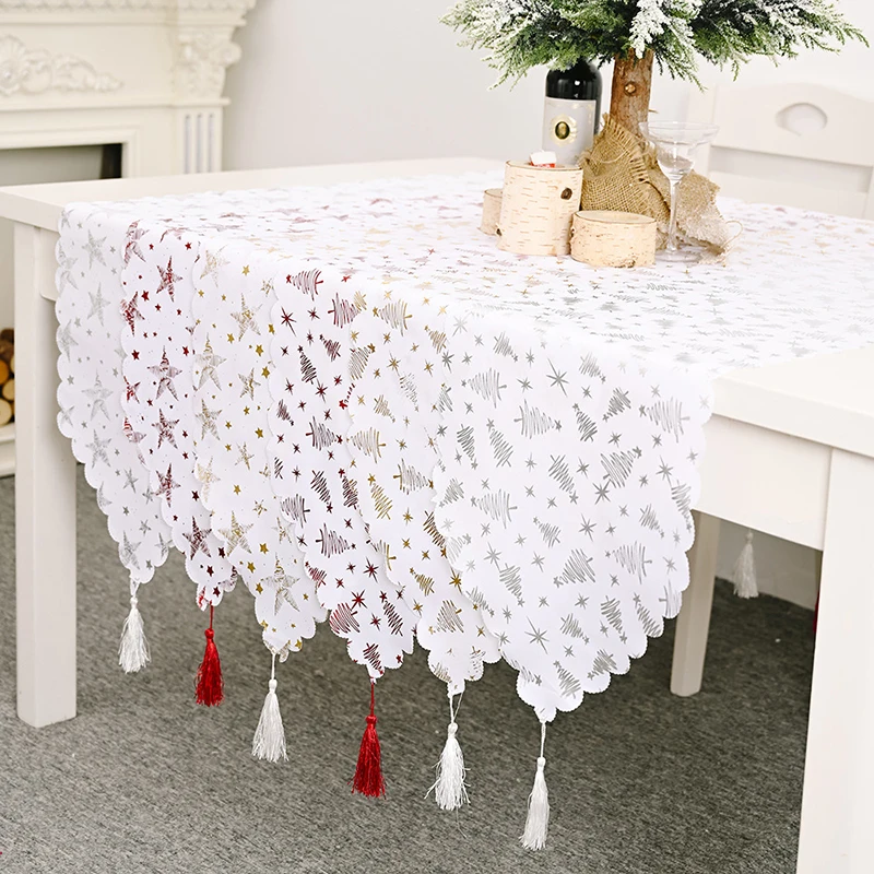 

2021 Christmas Decoration Xmas Tree Star White Tablecloth Home New Year Table Decoration Tassel Table Runner Navidad Natal Decor