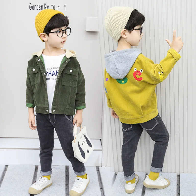 

BOY'S Corduroy Coat 2020 Spring New Style Childrenswear Korean-style Children with Numbers Hooded Western Style Jacket