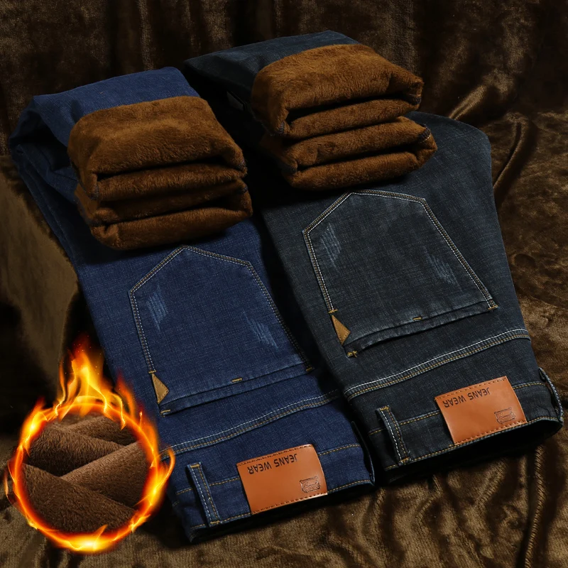 

40 42 44 Plus Zise Winter Men's Warm Jeans 2019 New Business Fashion Denim Thick Stretch Trousers Male Brand Pants Black Blue