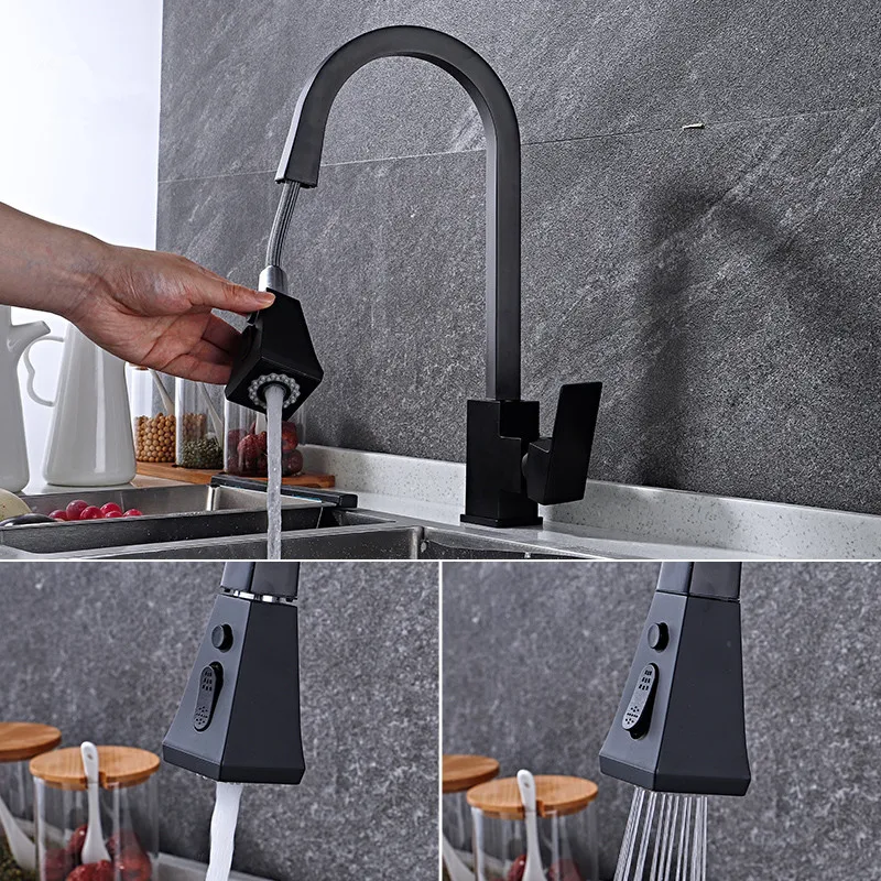 Grifo de cocina extraíble de color negro, grifo mezclador de fregadero de cocina de bronce con una sola manija, caño de ducha de 2 patrones, grifo frío y caliente
