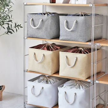 

Linen Drawstring Clothes Storage Box Household Foldable Storage Basket with Handle