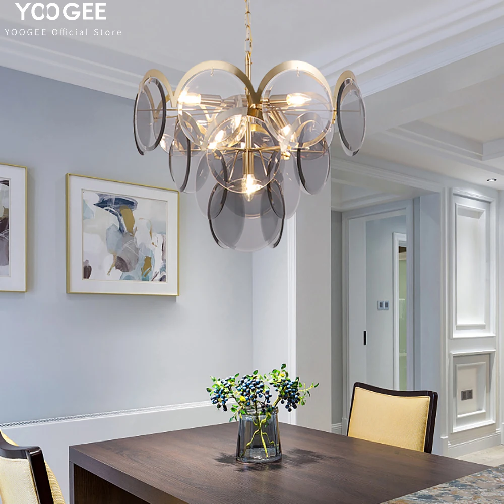 YOOGEE Modern Chandeliers Kitchen Gray Glass Chandelier Lighting Candle Bar Restaurant LED Lamp for Home Decoration