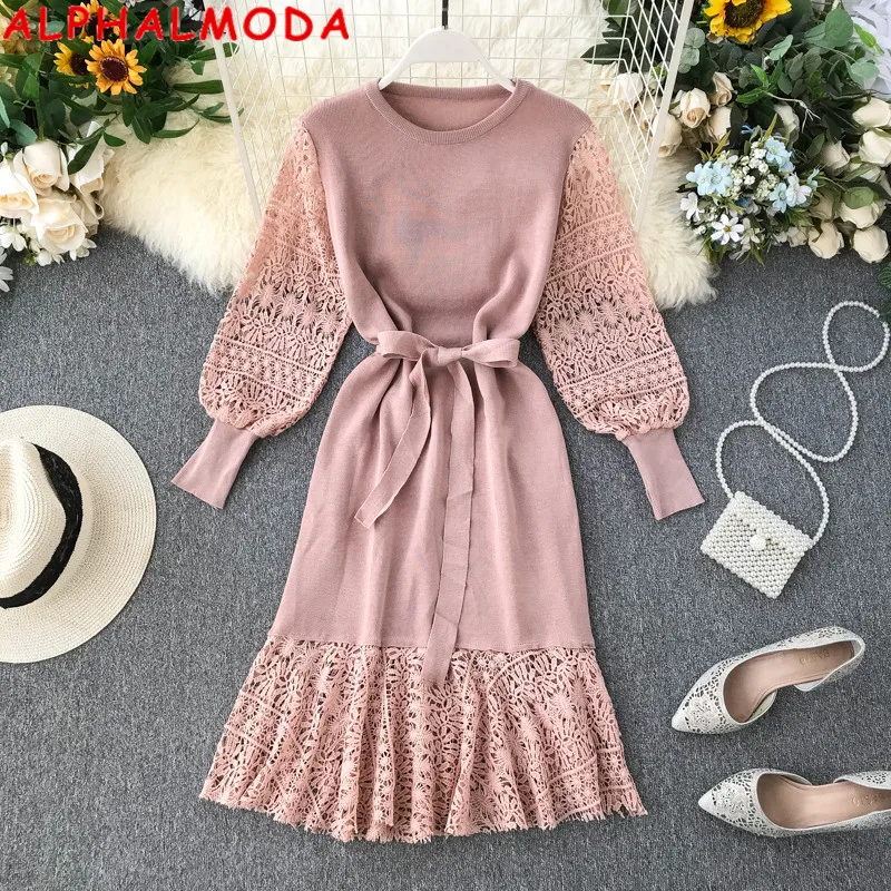Женское ажурное кружевное платье ALPHALMODA лоскутное милое вязаное с длинными