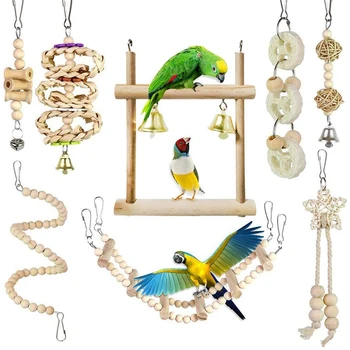 

8 Packs Bird Toys Parrots Cage Toys Natural Wood Hanging Swing Shredding Chewing Perches Parrot Toy Parrot Bite Toy