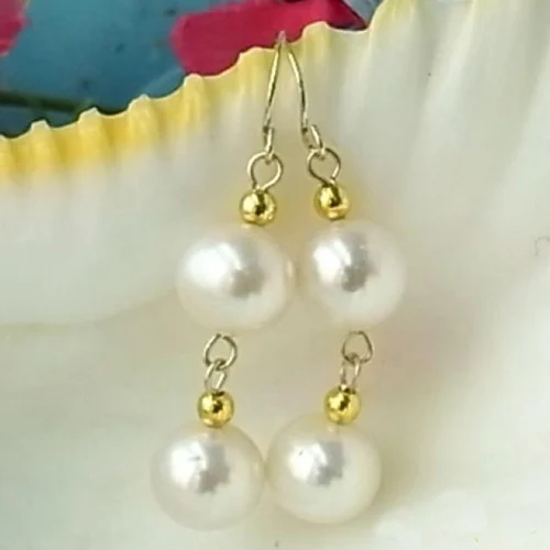 

New Arrival Favorite Pearl Jewelry 9-10mm White Round Double Genuine Freshwater Pearls 14k/20 GP Dangle Earrings Lady Gift