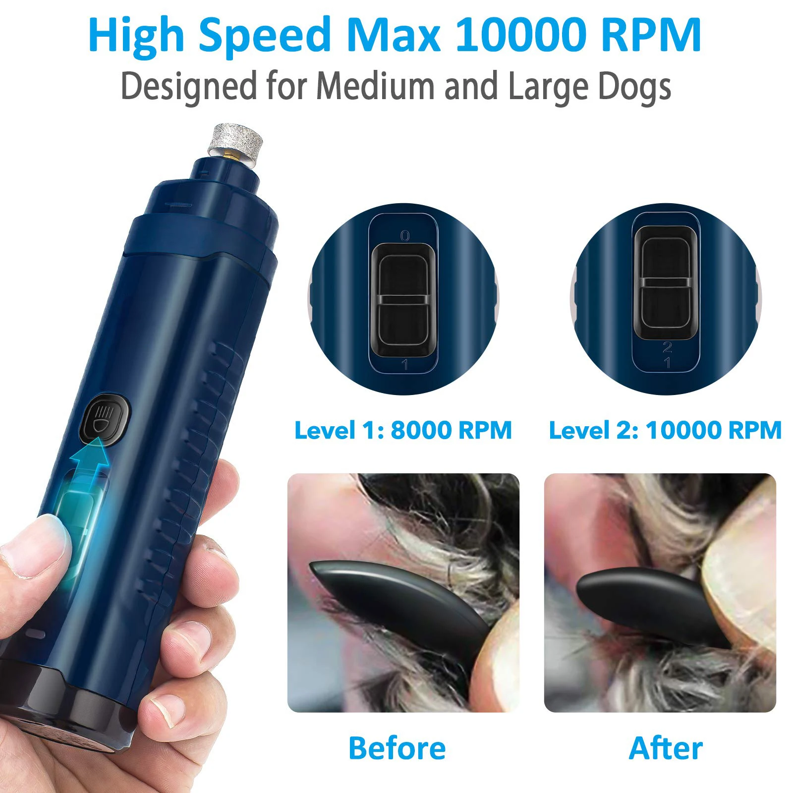 Newest Dog Nail Grinder with 2 LED Light-[Enhanced 4.8V Motor 3X More Powerful] 2-Speed Rechargeable Electric Pet Trimmer