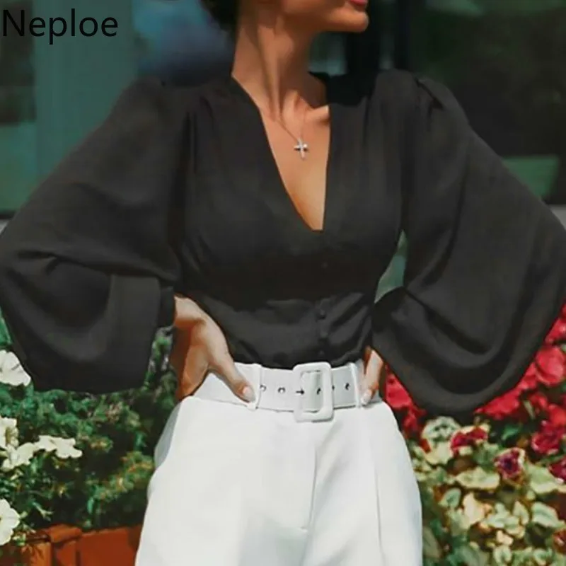 Neploe, v-образный вырез, фонарь, длинный рукав, одна грудь, дизайнерская блузка, черный пуловер, сексуальный, облегающий, Blusas, осенняя уличная одежда, топ, 48657