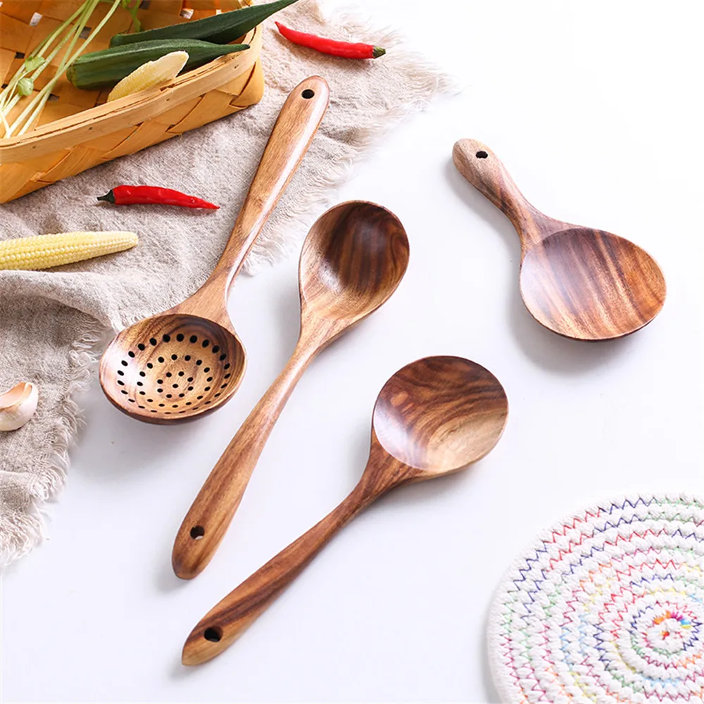 

Wooden Kitchen Tools Cooking Sets Thai Teak Spoon Shovel Colander Dinnerware Non-stick Shovel Heat-resistant Healthy Tableware