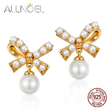 

ALLNOEL Real 925 Sterling Silver 100% Real Pearl Drop Earrings Gold Plated Fashion Girls Women Fine jewelry Bowknot Gift New