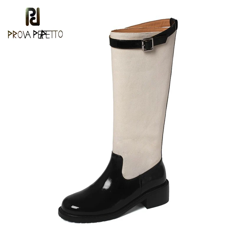 

Cow Patent Leather Stitching Denim Color Matching Square Heel Straight Boots 2021 Winter New Belt Buckle Round Toe High Boots