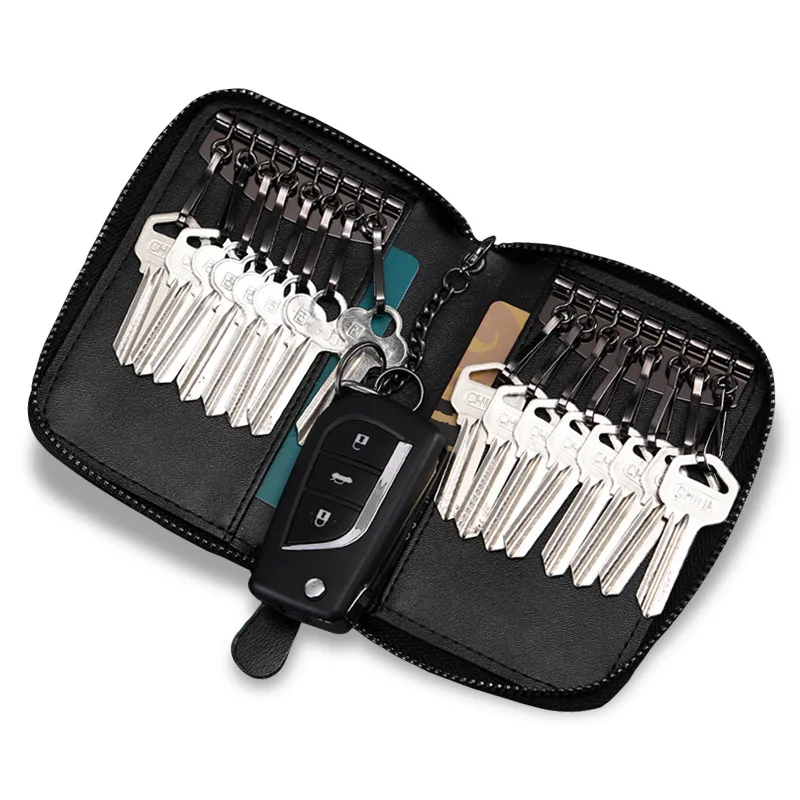 

High quality Cowhide Keychains for men Large Capacity key case for home Multifunction Key Card wallet Hanging leather key pouch
