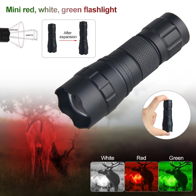 

White Red Green Mini Tactical Zoomable Portable Hunting Flashlight Torch For Hog Pig Coyote Varmint+16340 Battery+Charge+Box