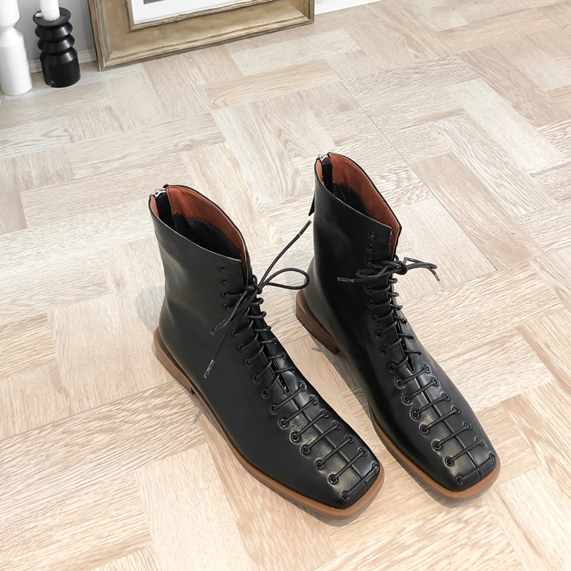 Xiuningyan/женские ботинки из мягкой натуральной кожи в стиле ретро; обувь на молнии с квадратным носком; женские ботильоны; женская зимняя обувь на низком каблуке