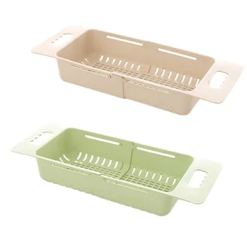 

2 Pcs Set Adjustable Sink Dish Drying Rack Kitchen Organizer Plastic Sink Drain Basket Vegetable Fruit Holder Storage Rack Beige