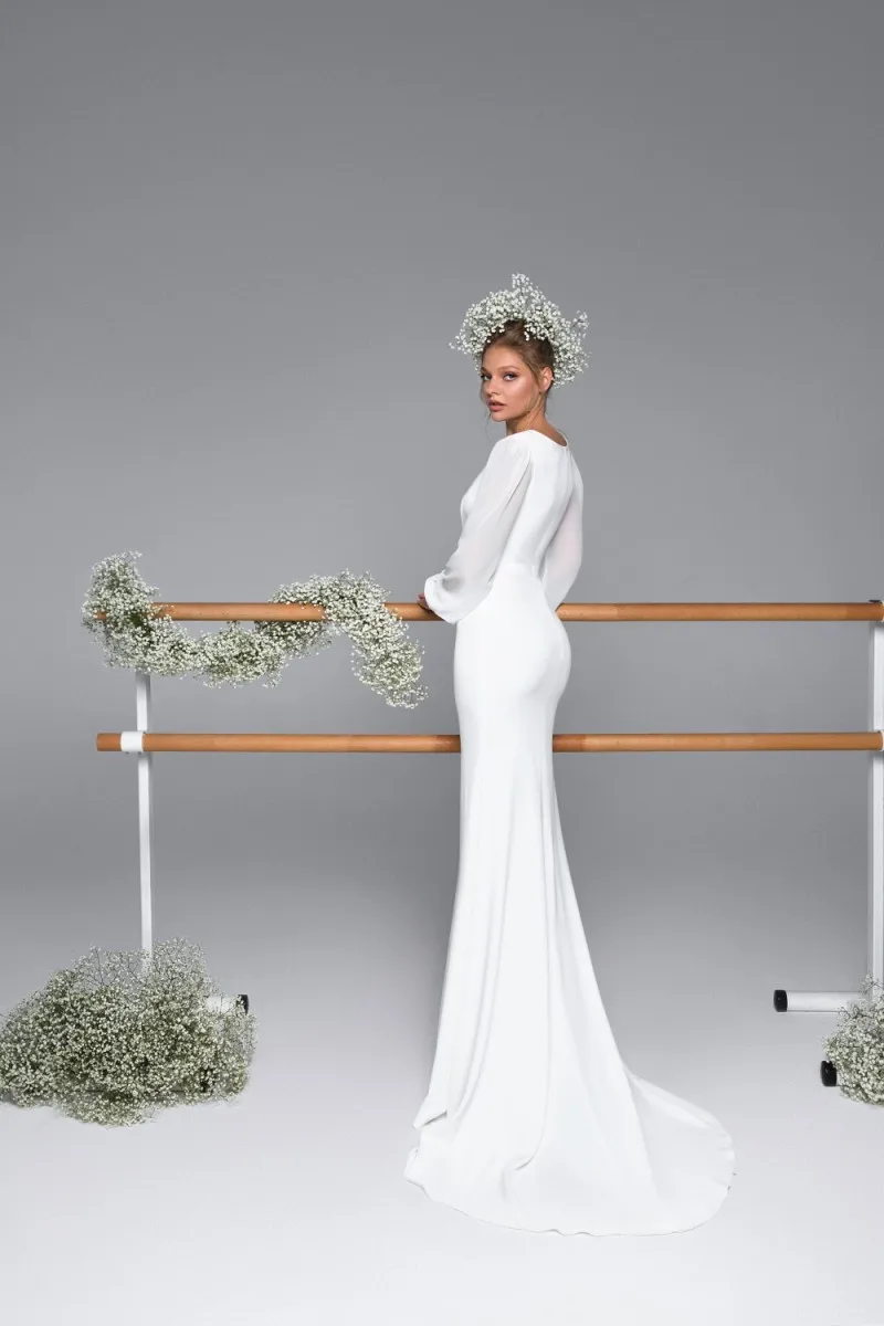 Атласная юбка-годе свадебное платье es длинный рукав простой v-образный вырез, Свадебные Платья с коротким шлейфом страна свадебное платье для съемки в саду