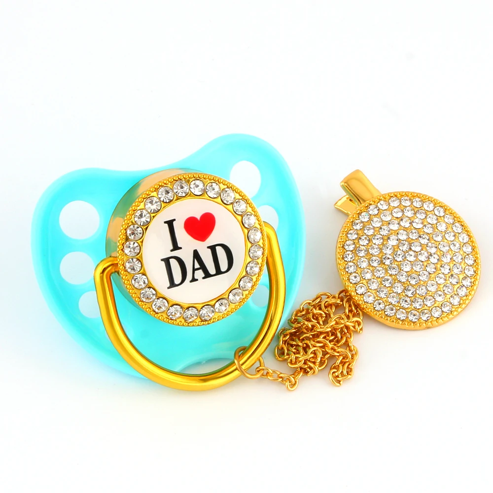 Mint Green Beautiful Luxury Bling Pacifiers With Chains BPA Free I Love Mum Dad Dummy Bling
